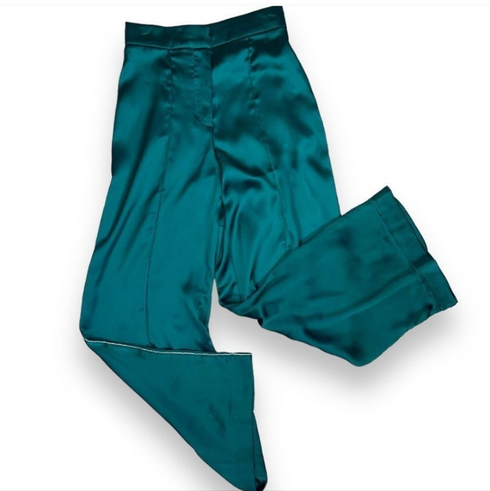 House Of Harlow 1960 Satin Crop Top and Wide Leg Pants Set in Green with Rhinest